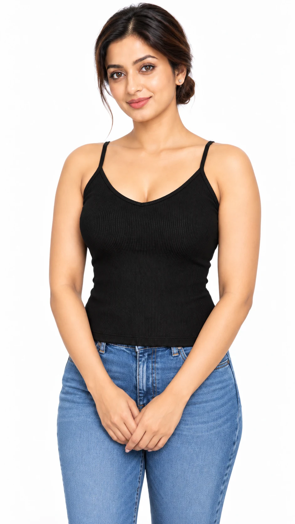 Black ribbed camisole styled with denim